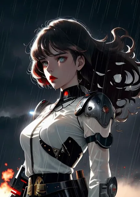 bruna, angelic face, half-length portrait of girl,light eyes, hair raised by the wind, long hair, pale skin, side lighting, high contrast , movement posture, dark background, photo quality, 4K, futuristic, diesel punk, ww1, cccp, red, warhammer, mech on background, battlefield, shadows, rain, fog, red lips <lora:bruna_linzmeyer_v1:1>