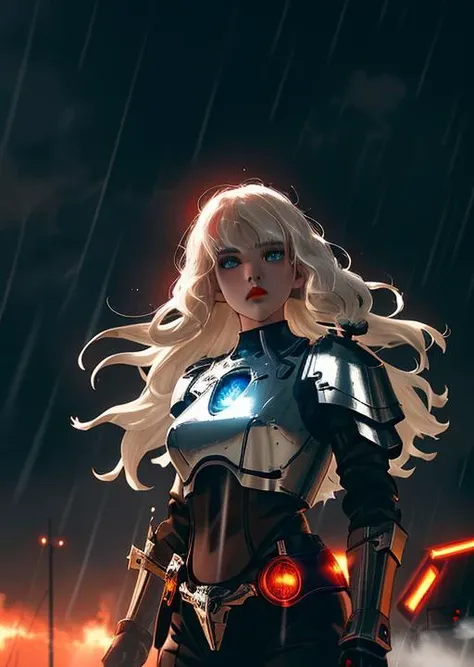 bruna, angelic face, half-length portrait of girl,light eyes, hair raised by the wind, long hair, pale skin, side lighting, high contrast , movement posture, dark background, photo quality, 4K, futuristic, diesel punk, ww1, cccp, red, warhammer, mech on background, battlefield, shadows, rain, fog, red lips <lora:bruna_linzmeyer_v1:1>