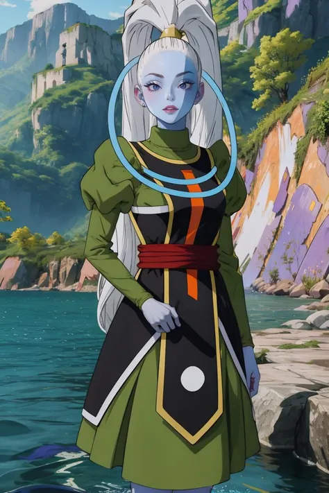 (masterpiece, best quality), intricate details, 1girl,
ANIME_DragonBallSuper_Vados_ownwaifu, www.ownwaifu.com,
colored skin, long hair, white hair, blue skin, ponytail, purple eyes, hair pulled back, high ponytail, very long hair, lipstick, makeup, purple lips, alien,
puffy sleeves, long sleeves, dress, juliet sleeves, red sash, sash, jewelry, hair ornament, green skirt, green dress,
<lora:ANIME_DragonBallSuper_Vados_ownwaifu-15:0.9>
wading, water, outdoors,
