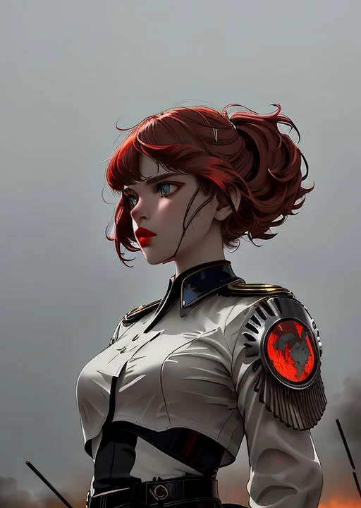 bruna, angelic face, half-length portrait of girl,light eyes, hair raised by the wind, long hair, pale skin, side lighting, high contrast , movement posture, dark background, photo quality, 4K, futuristic, diesel punk, ww1, cccp, red, warhammer, mech on background, battlefield, shadows, rain, fog, red lips <lora:bruna_linzmeyer_v1:1>