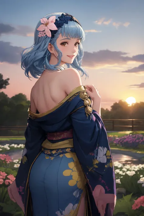 masterpiece, best quality, marianne_hopes, long hair, hairband, blue japanese clothes, from behind, bare shoulders, hair ornament, blue kimono, hair flower, floral print, flower garden, sunset, cowboy shot, looking at viewer, smile <lora:marianne-nvwls-v1:0.9> <lora:OffShoulderKimono:0.9>