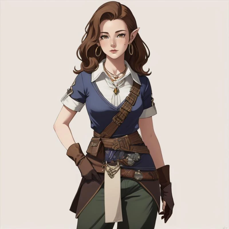 cowboy shot, solo, <lora:octaviaPathfinderKingmaker:0.5>, octavia, brown hair, long hair, wavy hair, pointy ears, brown eyes, freckles, mole under eye, earrings, necklace, collared shirt, short sleeves, brown gloves, belt, pouch, waist cloth, scrolls, green pants, knee boots, simple background, (masterpiece, best quality)