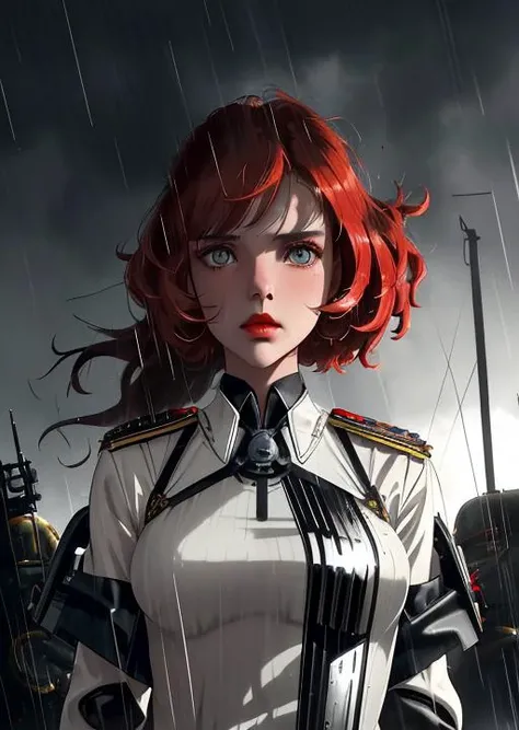 bruna, angelic face, half-length portrait of girl,light eyes, hair raised by the wind, long hair, pale skin, side lighting, high contrast , movement posture, dark background, photo quality, 4K, futuristic, diesel punk, ww1, cccp, red, warhammer, mech on background, battlefield, shadows, rain, fog, red lips <lora:bruna_linzmeyer_v1:1>