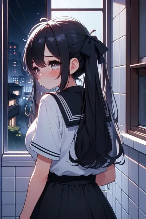(((masterpiece))),  (((best quality))), (((window views))), (((from behind))), (((from side))), (((overlooking night alley))), black serafuku, black skirt, white tile walls, solo, 1girl, big tits, twintails, ribbon, slim, shy, blush, tears, sad, cry, raining, corridor, headphone, <lora:girllikewindowviews:1>