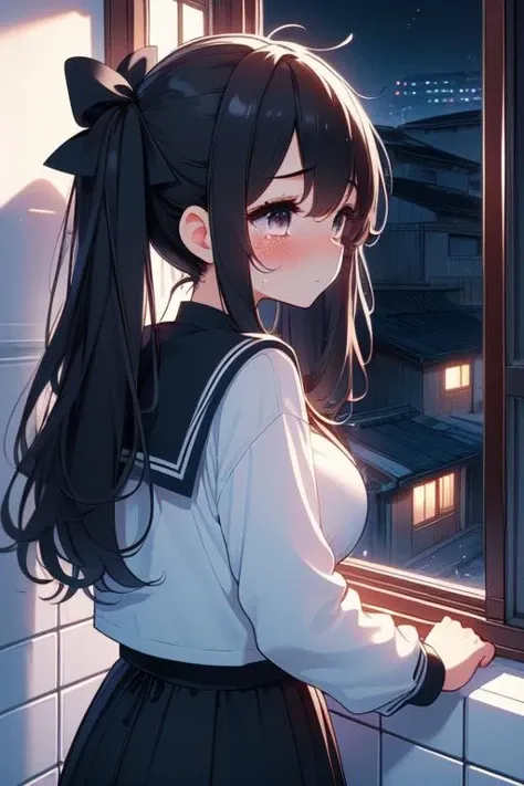 (((masterpiece))), (((best quality))), (((window views))), (((from behind))), (((from side))), (((overlooking night alley))), black serafuku, black skirt, white tile walls, solo, 1girl, big tits, twintails, ribbon, slim, shy, blush, tears, sad, cry, raining, corridor, <lora:girllikewindowviews:1>