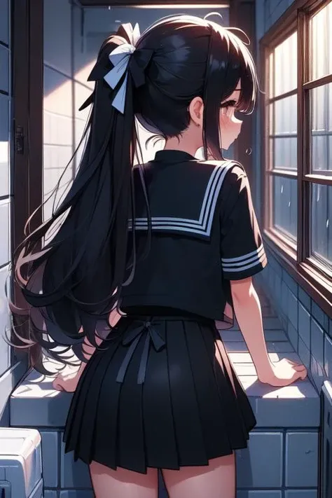 (((masterpiece))), (((best quality))), (((windowviews))), (((from behind))), (((overlooking crowd on night alley))), ((black serafuku)), black skirt, white tile walls, solo, 1girl, big tits, twintails, ribbon, slim, shy, blush, raining, corridor, <lora:girllikewindowviews:1>