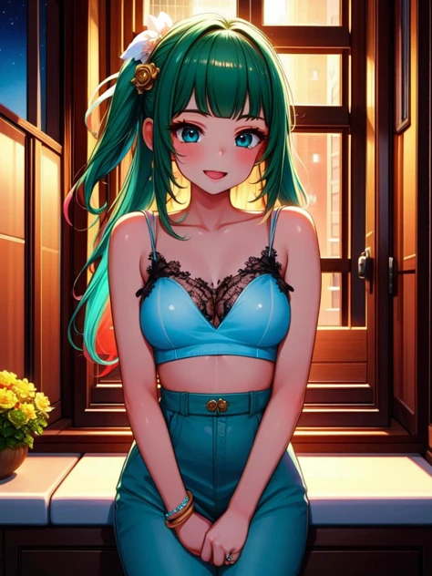 (masterpiece, best quality, detailed:1.5), solo, <lora:girllikewindowviews:0.9> (window views:1.2), from side, overlooking, night, alley, <lora:happy_gyaru_V1:0.75> flashy gyaru, happy, showy,too many accessories, colorful ,  kogal, BREAK darkgreen hair, wedding ring