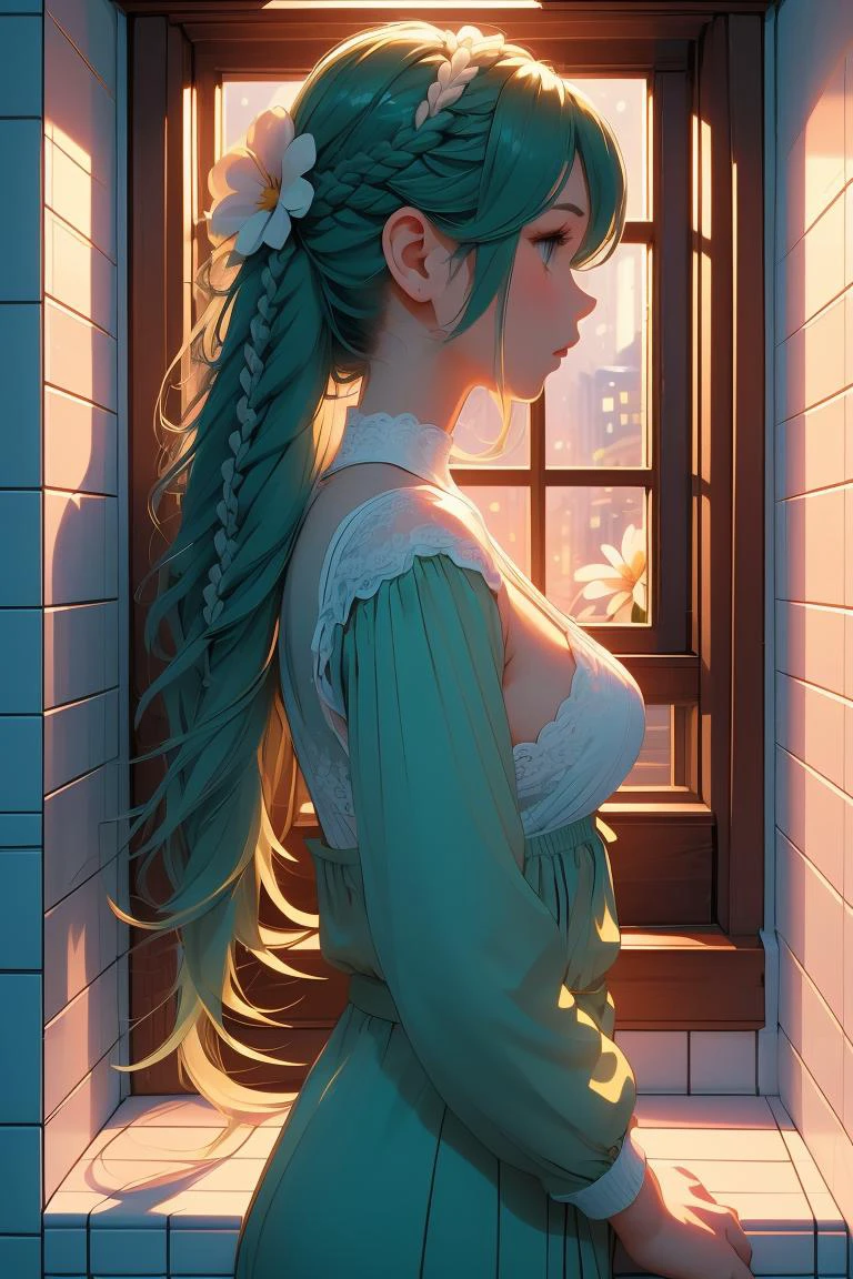 (masterpiece, best quality), 1girl, Kelly green Dutch Fishtail Braid with Flower Accents, medium breasts, <lora:girllikewindowviews:1> window views, from side, overlooking, night, alley, white tile walls