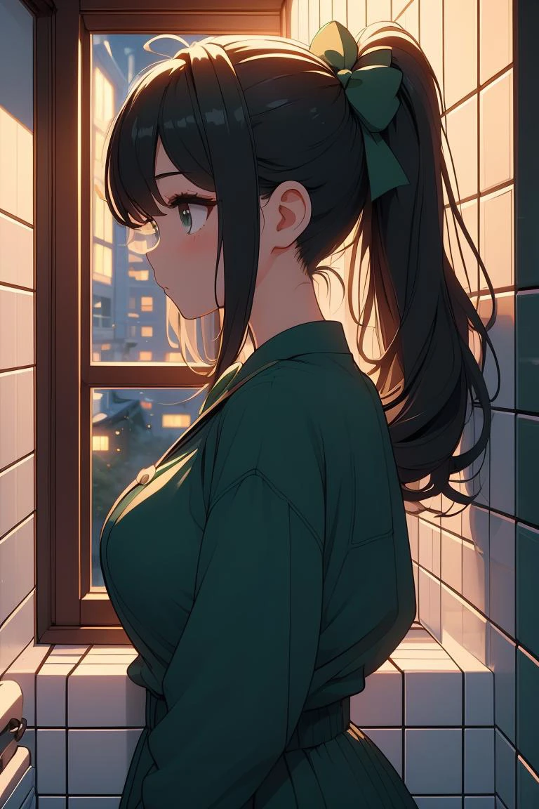 (masterpiece, best quality), 1girl, Forest green Voluminous High Ponytail with Bow, Size B breasts, <lora:girllikewindowviews:1> window views, from side, overlooking, night, alley, white tile walls