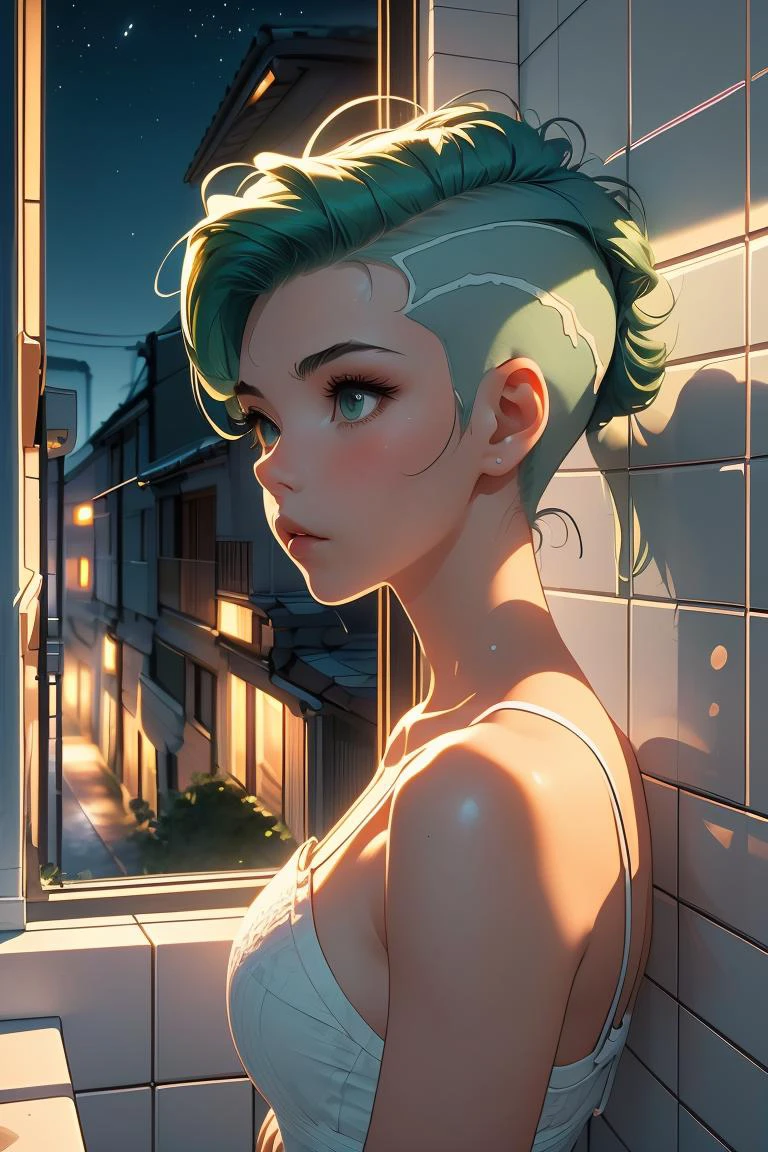 (masterpiece, best quality), 1girl, Spring green Textured Quiff with Low Fade, medium breasts, <lora:girllikewindowviews:1> window views, from side, overlooking, night, alley, white tile walls