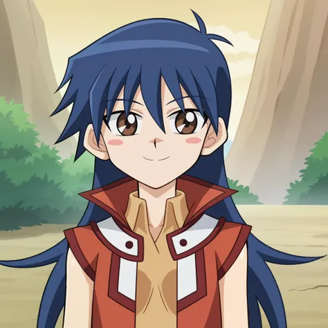 outdoors,
 <lora:BlairSDXL_1:1>,blairf, 1girl,solo, long hair, blue hair, sleeveless jacket, sleeveless shirt, brown eyes, smug,blush stickers, hair between eyes, looking at viewer, skinny, portrait, 
anime screencap, official art, anime coloring,