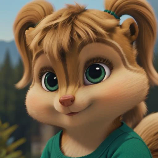 <lora:EleanorCGI:0.8>, eleanorcgi, solo, chipmunk, furry, cub, (slightly chubby:0.5), cute, (small ears), (short snout), pigtails, wearing short green dress, close-up, looking at viewer, outdoors, masterpiece, detailed background