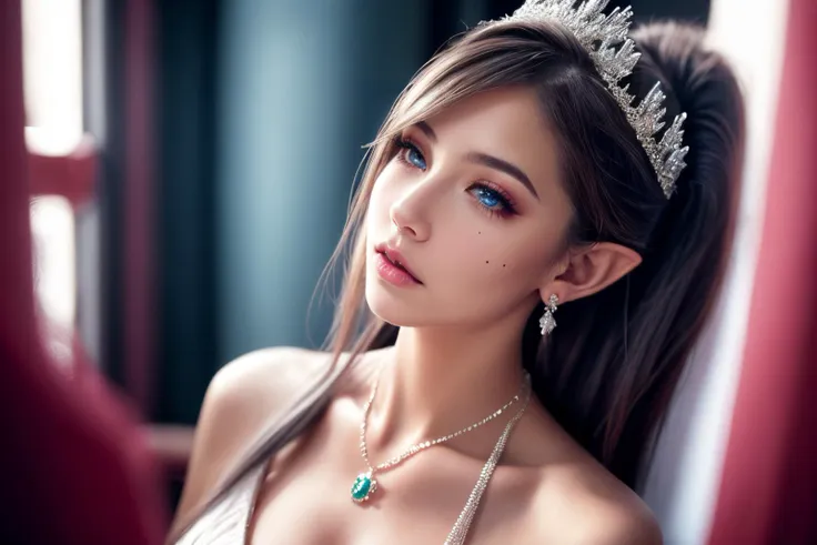 1girl,solo,long hair,blue eyes,dress,bare shoulders,jewelry,closed mouth,collarbone,ponytail,white hair,earrings,pointy ears,indoors,necklace,mole,blurry,lips,eyelashes,mole under eye,makeup,depth of field,blurry background,looking away,tiara,crown,realistic,<lora:lbc_eif_v1.0-000004:0.8>,