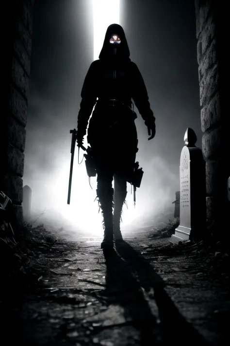 a dangerously looking female walking in graveyard,intimidating,scary,blood,style of giger in the hole,hyperrealism,realistic photography,dark atmosphere,realistic blood,high quality render,ultra realistic shadows,