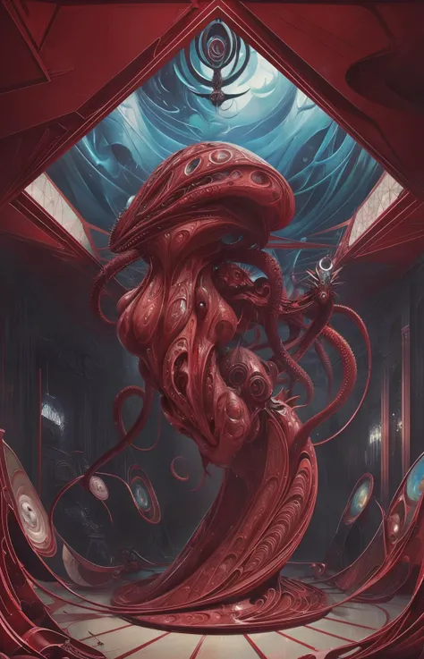 cult of cthulu, (geometric:1.2), (futurist:1.2), impressionist, (detailed), (majestic:1.2), (breathtaking), (suggestive:1.9),(depressing:1.3), (cute:1.4), (enticing:1.4), (irresistible:1.4), disturbing, (fascinating:1.5), (magnetic:1.2), (crimson:1.3), (black:1.3), (surreal:1.4)