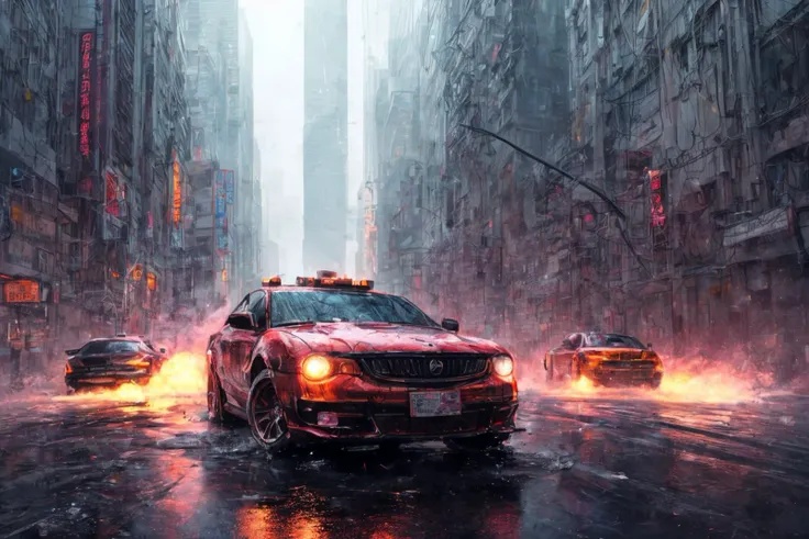 (RAW photo, 8k uhd, Analog style, Masterpiece, Best Quality, Highres:1.3), (dramatic, cinematic:1.2), BREAK,
shot of (ultra-detailed:1.1) (military:1.4) (cyberpunk:1.3) (battlecar:1.35) (armed with turret machine gun and grenade launchers:1.33) (rushing:1.3) through (cyberpunk city street:1.35), ((glossy:1.1) technological futuristic design:1.2), (drifting:1.3) (sportcar:0.3), (neon lights:1.1), (wet asphalt, reflections:1.2), (firing tires:1.35), (water splash, puddles:1.32), (debris:1.32), (steam:1.3), (frightened:1.1) (pedestrians:1.4), (bright day:1.15), (daytime:1.15) (cloudy sky, (rain:1.1):1.2), (skyscrapers:1.15), BREAK,
(photorealistic:1.2), (dutch angle:1.4), (light particles, colorful:1.2), (action moviee, dynamic composition, fast, chasing:1.3), (motion blur, motion lines:1.3), (cyberpunk, science fiction, blockbuster, military vehicle, volumetric light:1.3), (daylight:1.2) (noir:0.5) (urban atmosphere, vehicle focus, cinematic tone, shiny, glowing, intricate, electricity, red purple aqua color scheme, graffiti, (dust:1.1), no humans:1.2), BREAK,
<lora:more_details:1.0>,
<lora:zoom_slider_v1:2.0>