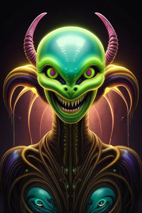 impossibly beautiful portrait of alien shapeshifter entity, insane smile, intricate complexity, surreal horror, inverted neon rainbow drip paint, trending on art station, photoreal, 8 k, octane render by greg rutkowskibody, full body, dynamic face, alien anatomy, well-formed