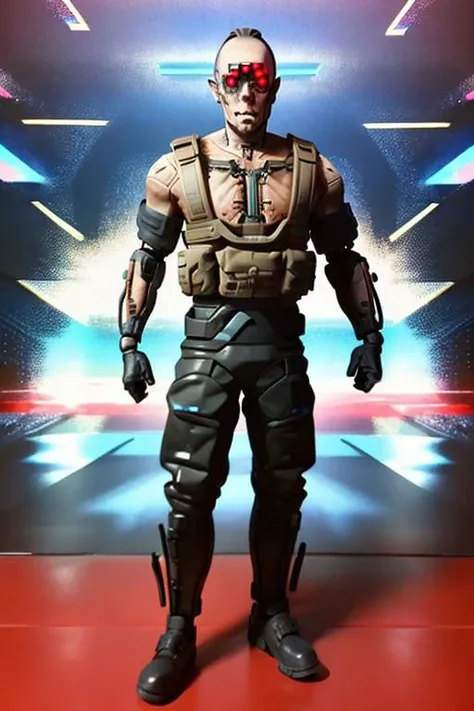 (1 adult male, CyberDumDum, plastic collectable action figure ),full body, turned towards the viewer, solo focus
backdrop is cyberspace_background ,
8k