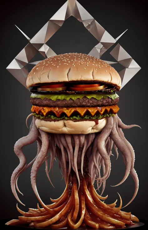 cult of cthulu, (geometric:1.2), (futurist:1.2), impressionist, (detailed), a delicious hamburger, (majestic:1.2), (breathtaking), (suggestive:1.9),(depressing:1.3), (cute:1.4), (enticing:1.4), (irresistible:1.4), disturbing, (fascinating:1.5), (magnetic:1.2), (black:1.3), (orange:1.1), (surreal:1.4)