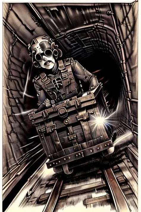 underground tunnel scene,
1 borg, cyborg, bald, gray skin, veins, metal armor, cable, eyepatch,
driving in box-shaped minecar,driving through a narrow dark underground tunnel in a dungeon,rusty,iron,box-shaped minecar,in box,railroad tracks,speed lines,dark background,floating hair,wind,, solo focus, neutral facial expression
tagrealisticpencil drawing(sketch:1.2)paintingrough sketch,(line art:1.2),meticulous painting,white papercharacter on paperblack and whiteextra lines,clear lines,shadow