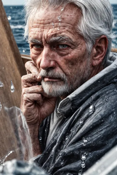 (RAW photo, 8k uhd, Analog style, Masterpiece, Best Quality, Highres:1.4), (dramatic, cinematic:1.2), BREAK,
shot of (80 yo:1.2) (old male:1.3) (fisherman:1.25) (sailor man:1.25) (sitting:1.1) (on deck:1.35) of (old dilapidated:1.2) (wooden sailboat:1.3), against railing, (from side:1.2), (stern face:1.2), (deep wrinkles:1.2), (gray long beard:1.3), (grey eyes:1.2), ((shabby:1.2) old (torn:1.15) (raincoat:1.1), brown (pants:1.1), (sailor hat:1.1) (sou'wester:1.2), jackboots:1.1), (lowered head:1.2), (tired sad expression:1.15), BREAK,
(stormy sea, gloomy dark clouds:1.2) on background, (splashes, water drops, rain:1.25), (seafoam:1.1), (flying white seagulls:1.25), (rocks, cliffs:1.3), (dark haze:1.2), (wet clothes:1.1), fishing (nets with fish:1.3) on deck, (ropes:1.1), (tense hopeless eerie atmosphere, cold, floes:1.2), BREAK,
(photorealistic:1.3), (rough details, (male focus:1.1):1.2), (desaturated, cold lighting:1.3), (hyperdetailed, absurdres:1.2), BREAK,
<lora:more_details:0.9>,
<lora:zoom_slider_v1:4.66>,