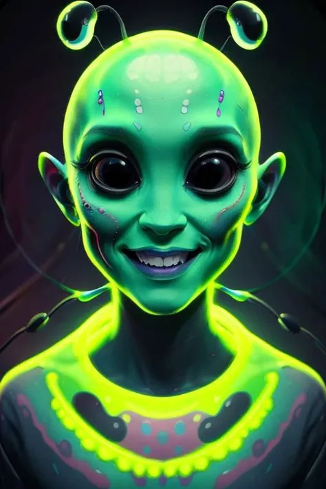 impossibly beautiful portrait of alien shapeshifter entity, insane smile, intricate complexity, surreal horror, inverted neon rainbow drip paint, trending on art station, photoreal, 8 k, octane render by greg rutkowskibody, full body, dynamic face, alien anatomy, well-formed