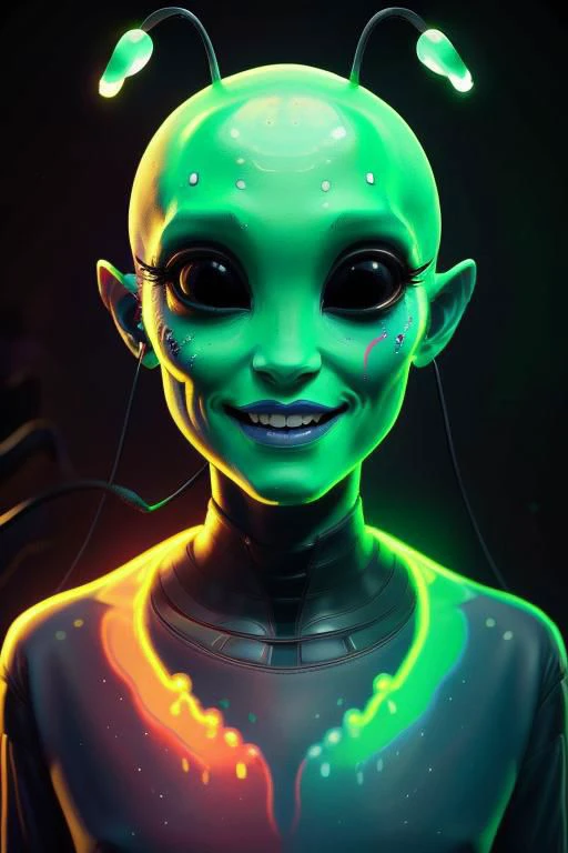 impossibly beautiful portrait of alien shapeshifter entity, insane smile, intricate complexity, surreal horror, inverted neon rainbow drip paint, trending on art station, photoreal, 8 k, octane render by greg rutkowskibody, full body, dynamic face, alien anatomy, well-formed