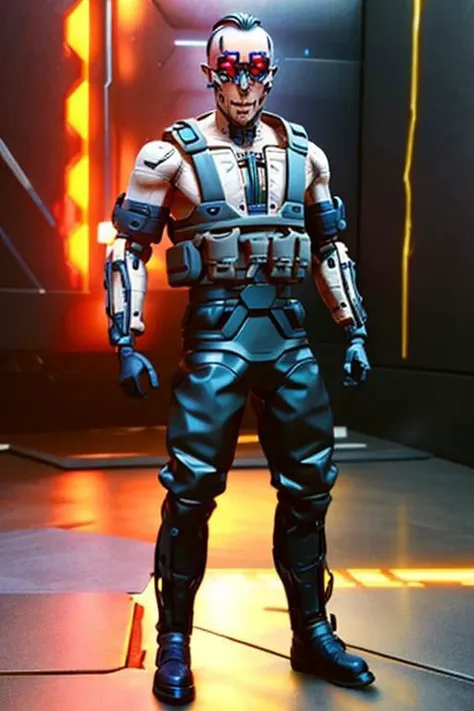 (1 adult male, CyberDumDum, plastic collectable action figure ),full body, turned towards the viewer, solo focus
backdrop is cyberspace_background , 
8k