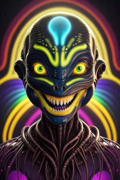 impossibly beautiful portrait of alien shapeshifter entity, insane smile, intricate complexity, surreal horror, inverted neon rainbow drip paint, trending on art station, photoreal, 8 k, octane render by greg rutkowskibody, full body, dynamic face, alien anatomy, well-formed