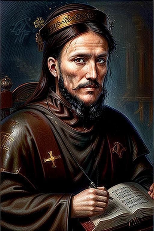 orthoicon,1 adult man, CyberSandayuOda,
robe, dress, crown, facial hair, jewelry, mustache, book, brown hair, fine art parody
portrait,
8k, theatrical