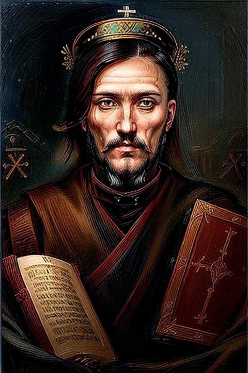 orthoicon,1 adult man, CyberSandayuOda,
robe, dress, crown, facial hair, jewelry, mustache, book, brown hair, fine art parody
portrait,
8k, theatrical