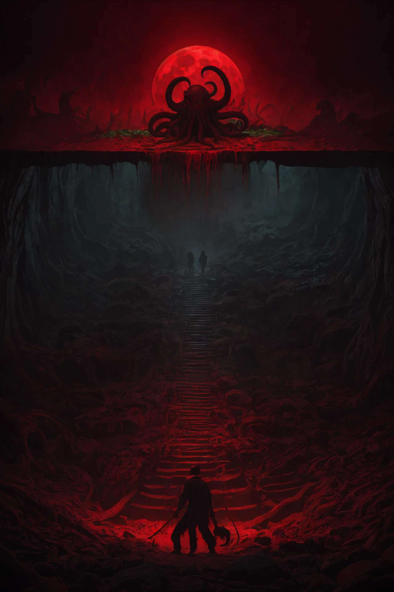 (((colorful))), Cult of Cthulhu, hyperrealism, hyper realistic color photo, realistic photography, dark atmosphere, HDR, ultra detailed, sharp theets, high quality render, ultra realistic shadows, ultra defined, bloody red waterfall, moon, cult of ctulhu, bloody ritual, red runes circle, Cthulhu howering on background<lora:Cross_section_underground-v1:0.7> csu, underground, cross-section, from side
<lora:Yamer and PAseer's HorrorMultiverse:1> YaPAseer, horror