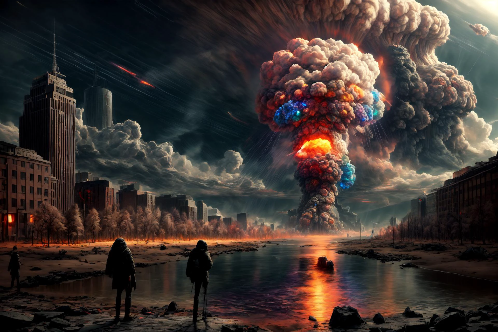 masterpiece, best quality, highres, 8k, (((colorful))), <lora:martius_fuzz:0.6> martius_fuzz, one large illuminated nuclear blast with shockwave by emb-nuke2 in the distance, long distance shot <lora:more_details:1>