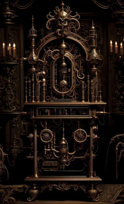 use the name of the embedding at the start of prompt baroqueAI micro snth, wood and iron microsynth computer with meters, dials, large power switches, activation levers, bellows, glowing plasma glass tubes, cinematic photoraphy, a baroque bizarre computer, gas lamps and electric readout displays <lora:baroqueAI:0.61> <lora:synth3:0.61> <lora:micro:.41> <lora:AbsinthePunkAI:0.21> AbsinthePunkAI,