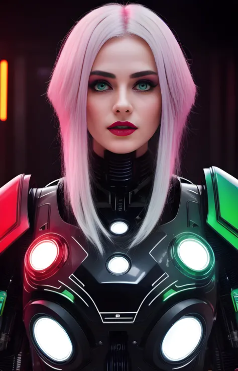 technicolor, portrait, robot, rainbow armor, white shimmering hair, neon light, RAW, best quality, colorful, (dynamic perspective), sharp focus, depth of field, extremely detailed eyes and face, beautiful detailed eyes, large breasts, (black green, trimmed gear:1.2), black bloody veins growing and intertwining out of the darkness, oozing thick red blood, vascular networks growing, connecting, void of scape