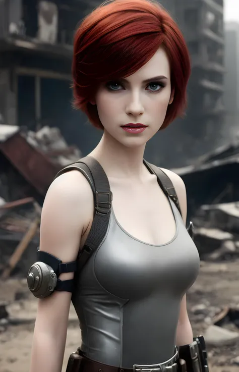 a close up portrait photo of girl in wastelander clothes,redhair,short haircut,pale skin,slim body,background is city ruins,(high detailed skin:1.2),8k,soft lighting,high quality, photorealistic