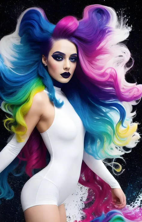Style-PaintMagic, photo of a beautiful goth girl wearing a white bodysuit with thick flowing (liquid paint rainbow hair:1.1) made of paint and defies gravity, space background, highly detailed, intricate, amazing, trending, paint splatter, paint drops