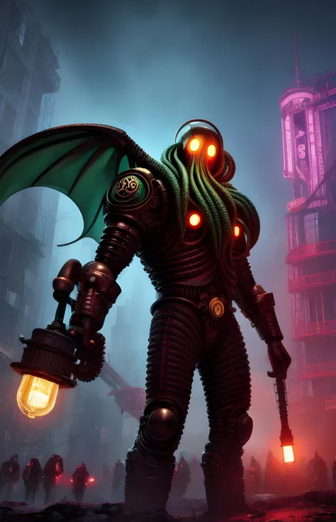 Cartoon artwork, Cthulhu cartoon, sharp bright colours, cartoon style, Cult of Cthulhu, ((cyborg, cyberpunk)), steampunk, robotic parts, bright colours, reflection, ultra detailed, mannequin, vibrant details, hyperrealistic, anatomical, cable electric wires, microchip, beautiful background, octane render, hr giger style, hdr, best quality, masterpiece, (realistic, photo-realistic:1.4), finely detail, best quality