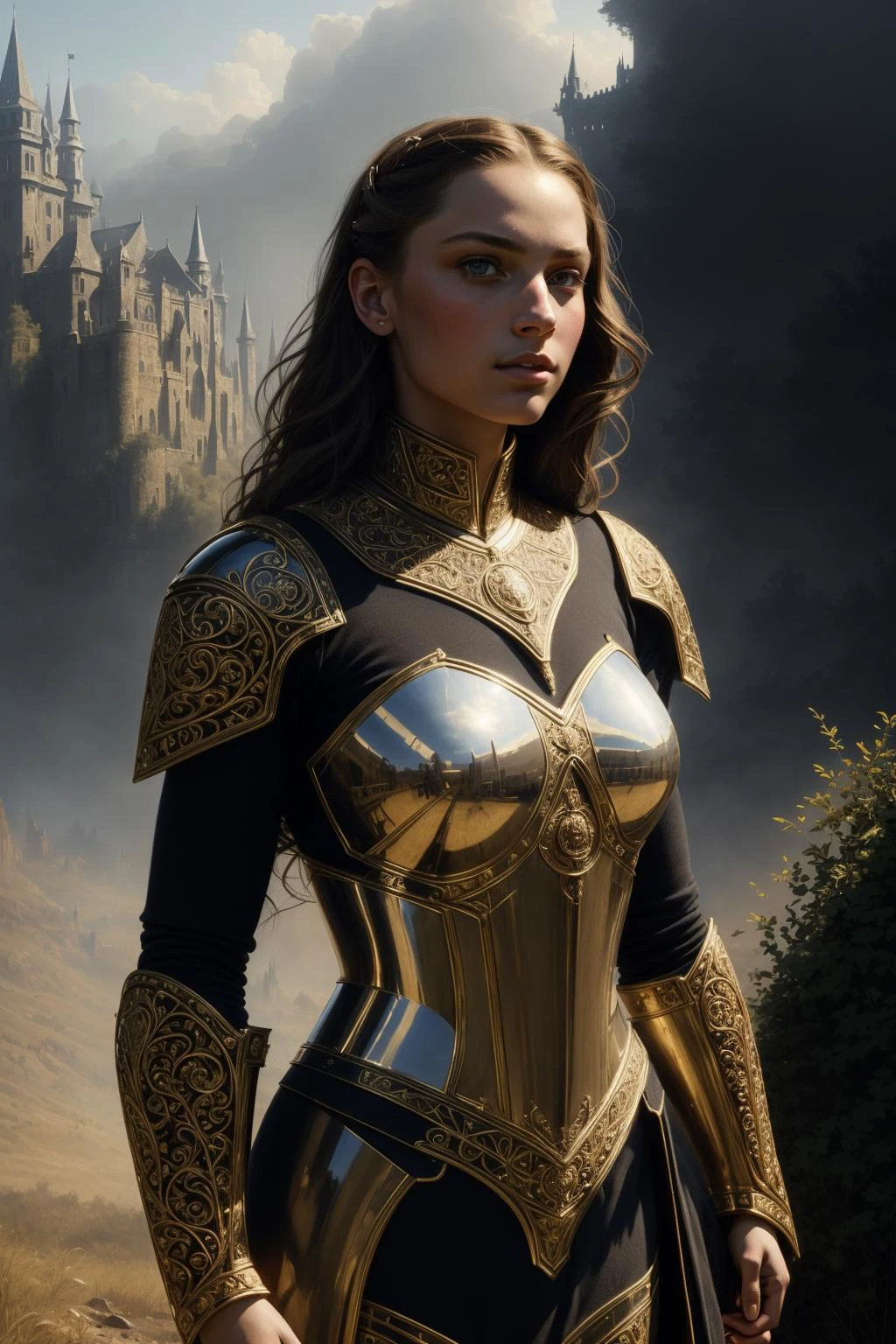 (masterpiece), (extremely intricate:1.3), (realistic), portrait of a girl, the most beautiful artwork in the world, (medieval armor), metal reflections, upper body, outdoors, intense sunlight, far away castle, professional oil painting of a stunning woman by Ed Blinkey and Atey Ghailan and Jeremy Mann and Greg Rutkowski, detailed, sharp focus, dramatic, award winning, matte drawing, cinematic lighting, octane render, unreal engine, volumetrics dtx