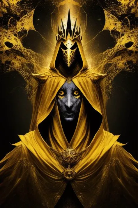 a surreal paint splatter painting of the kinginyellow wearing a cloak and a mask, crown, cosmic background, gold and yellow and black color scheme, (abstract:1.2) <lora:kinginyellow-beta1-000007:0.9>