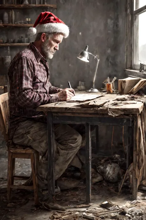 (RAW photo, 8k uhd, Analog style, Masterpiece, Best Quality, Highres:1.4), (dramatic, cinematic:1.2), BREAK,
shot of (60 yo:1.2) (old man:1.3) (Michael Rooker:1.1) (sitting:1.2) at a (rough wooden:1.1) (desk:1.2), (writing:1.27) something on piece of paper, holding pen, (tired face:1.2), (wrinkles:1.1), (stubble:1.25), grey eyes, shabby (dirty red:1.1) (unbuttoned plaid shirt:1.2), (lowered head:1.2), (messy hair:1.1), frown, (writer:1.1), (tired depressed frustrated expression:1.2), BREAK,
(dark (dirty old messy room:1.2), (scattered things books papers, shelves, dirty dishes and mugs, turned off television:1.15), (kerosene lamp:1.25), (Christmas tree:1.25), (old photos on the shelf:1.3), (whiskey bottles:1.2), grey (torn stripped wallpaper:1.1), (dark night:1.25), (night window:1.1), (torn curtains:0.7), light particles, dust, creepy deep shadows:1.1), (depressive hopeless eerie atmosphere:1.2), (slums, ghetto:1.1), BREAK,
(photorealistic:1.3), (rough details, (male focus:1.1):1.2), (desaturated, cold lighting:1.3), (vintage:1.2), (hyperdetailed, absurdres:1.2), (Clutter-Home:0.9), BREAK,
<lora:more_details:1.0>,
<lora:zoom_slider_v1:2.0>,