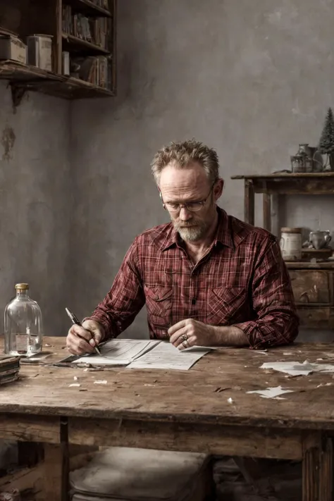 (RAW photo, 8k uhd, Analog style, Masterpiece, Best Quality, Highres:1.4), (dramatic, cinematic:1.2), BREAK,
shot of (60 yo:1.2) (old man:1.3) (Michael Rooker:1.1) (sitting:1.2) at a (rough wooden:1.1) (desk:1.2), (writing:1.27) something on piece of paper, holding pen, (tired face:1.2), (wrinkles:1.1), (stubble:1.25), grey eyes, shabby (dirty red:1.1) (unbuttoned plaid shirt:1.2), (lowered head:1.2), (messy hair:1.1), frown, (writer:1.1), (tired depressed frustrated expression:1.2), BREAK,
(dark (dirty old messy room:1.2), (scattered things books papers, shelves, dirty dishes and mugs, turned off television:1.15), (kerosene lamp:1.25), (Christmas tree:1.25), (old photos on the shelf:1.3), (whiskey bottles:1.2), grey (torn stripped wallpaper:1.1), (dark night:1.25), (night window:1.1), (torn curtains:0.7), light particles, dust, creepy deep shadows:1.1), (depressive hopeless eerie atmosphere:1.2), (slums, ghetto:1.1), BREAK,
(photorealistic:1.3), (rough details, (male focus:1.1):1.2), (desaturated, cold lighting:1.3), (vintage:1.2), (hyperdetailed, absurdres:1.2), (Clutter-Home:0.9), BREAK,
<lora:more_details:1.0>,
<lora:zoom_slider_v1:2.0>,