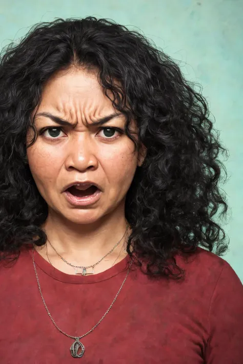 close-up photo portrait of a 40 yo samoan woman, black long curly hair, green eyes, angry face expression, necklace, simple background