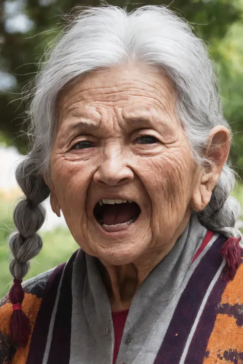 close-up photo portrait of a 90 yo old native american woman, grey hair, brown eyes, screaming face expression, headband, twin braids, simple background