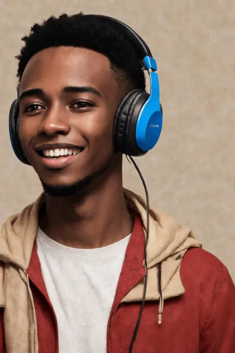 close-up photo portrait of a 25 yo young african man, black short african hair, stubble, brown eyes, excited face expression, headphones, simple background