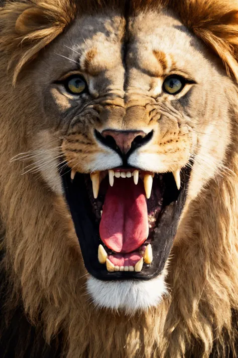 close-up photo portrait of a great lion, yellow eyes, very long lion's mane, roaring, open mouth, fangs, animal, no humans, simple background