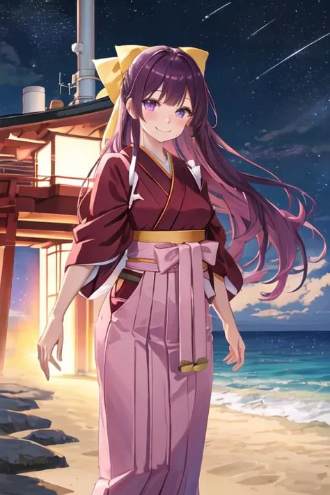 best quality, masterpiece, highres, solo, {night:1.10}, {starry sky:1.10}, beach, beautiful detailed sky, {extremely detailed background:1.20}, {kamikaze_kantaicollection:1.15}, {standing:1.10}, looking at viewer, {bikini:1.30}, long_hair, purple_hair, bow, hair_bow, purple_eyes, yellow_bow, hakama, pink_hakama, smile, tasuki, light smile