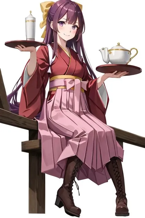 best quality, masterpiece, highres, solo, {kamikaze_kantaicollection:1.15}, long_hair, purple_hair, bow, hair_bow, purple_eyes, yellow_bow, hakama, pink_hakama, smile, tasuki, 1girl, boots, cross-laced_footwear, hakama_skirt, japanese_clothes, kimono, lace-up_boots, meiji_schoolgirl_uniform, skirt, looking_at_viewer, red_kimono, simple_background, white_background, brown_footwear, sitting, full_body