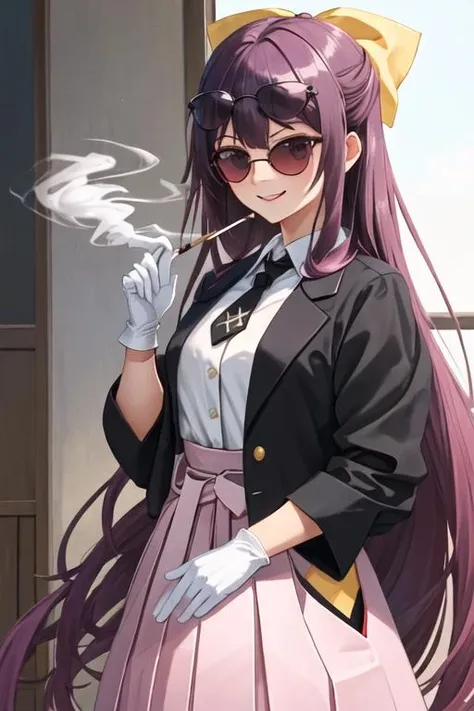 best quality, masterpiece, highres, solo, {black business suit:1.40}, {tie:1.20}, {sunglasses:1.25}, {white gloves:1.15}, {white shirt:1.10}, {black skirt:1.15}, {smoking:1.20}, handsome, {aru_bluearchive:1.15}, horns, bangs, long_hair, pink_hair, halo, ribbon, smile, neck_ribbon, blush, breasts, red_ribbon, yellow_eyes