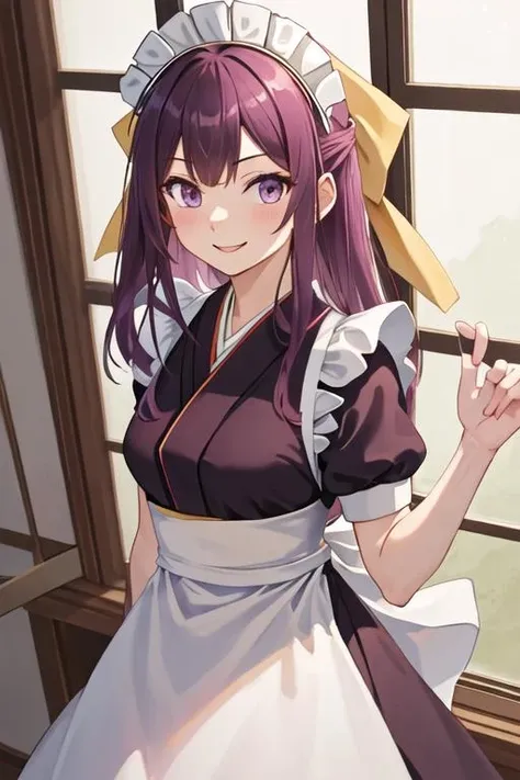 best quality, masterpiece, highres, solo, {maid:1.40}, {long maid dress:1.15}, {kamikaze_kantaicollection:1.15}, long_hair, purple_hair, bow, hair_bow, purple_eyes, yellow_bow, hakama, pink_hakama, smile, tasuki